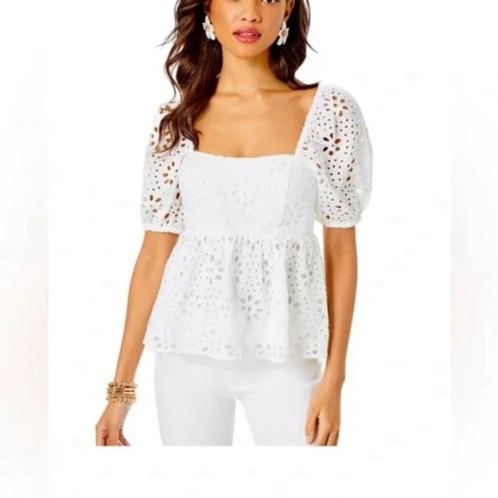 Lilly Pulitzer White Eyelet Puff-Sleeve Square-Neck Top